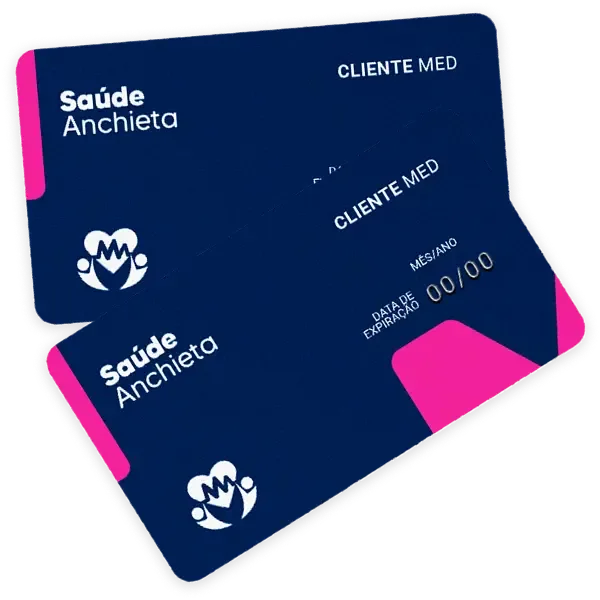 Dois cartões do Cartão Saúde Anchieta, nas cores azul-marinho e rosa
