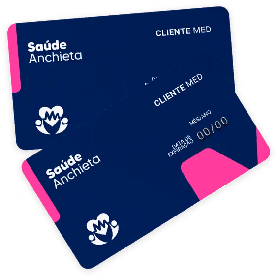 Cartões do Cartão Saúde Anchieta nas cores azul-marinho e rosa da marca