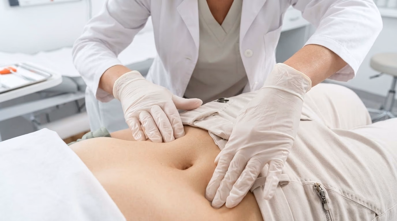 Médico examinando o abdômen de um paciente durante consulta