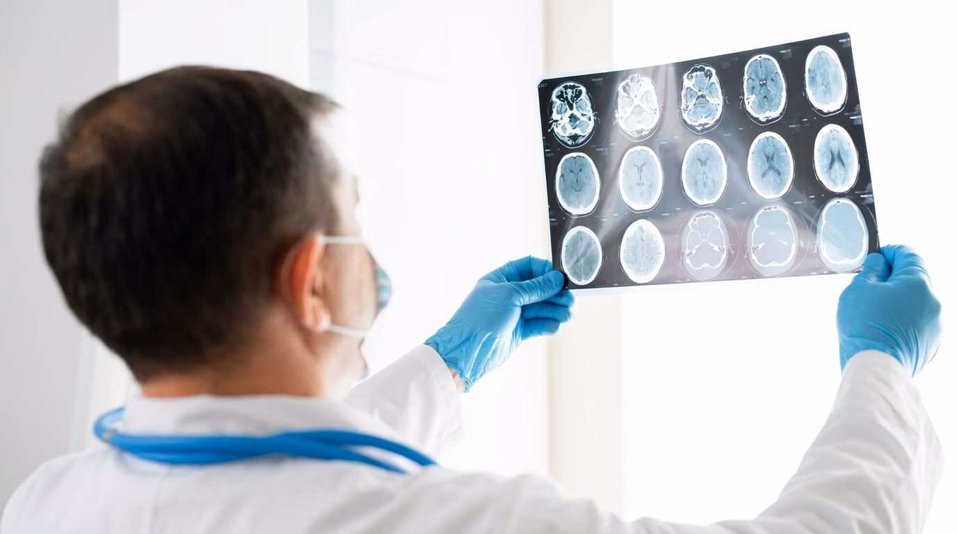 Médico da Med Anchieta examinando uma tomografia do cérebro