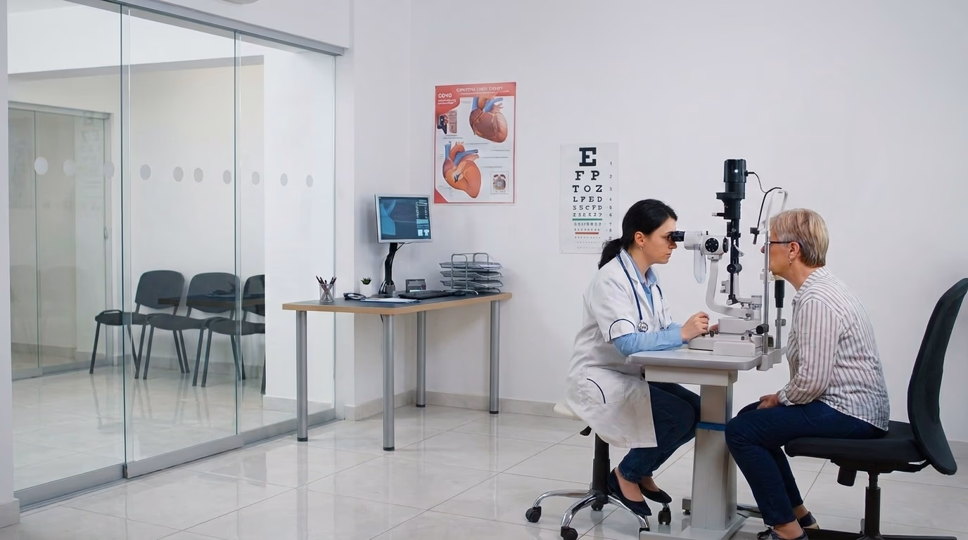 Médica da Med Anchieta realizando exame oftalmológico numa paciente