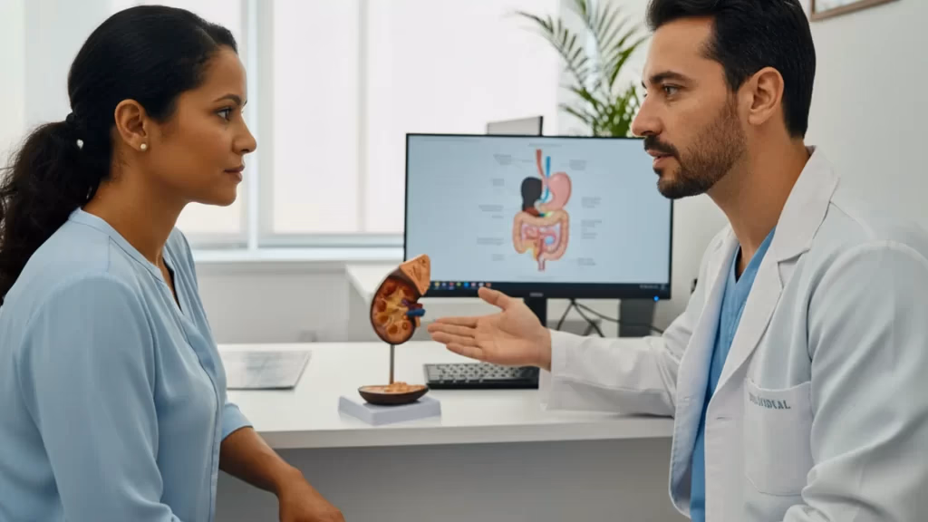 Médico explicando um exame de urologia a uma paciente em consultório
